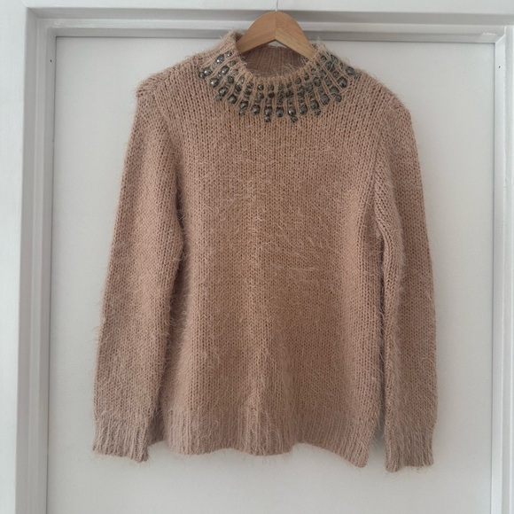Sweaters - ONLY OUR STORY Denmark Brand Mohair Beaded High Neck Knit Sweater Taupe Size M